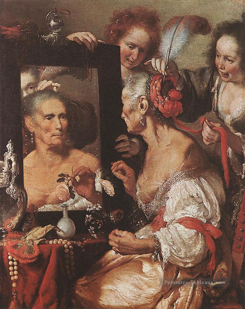 Vieille femme au miroir italien Baroque Bernardo Strozzi Peintures à l'huile